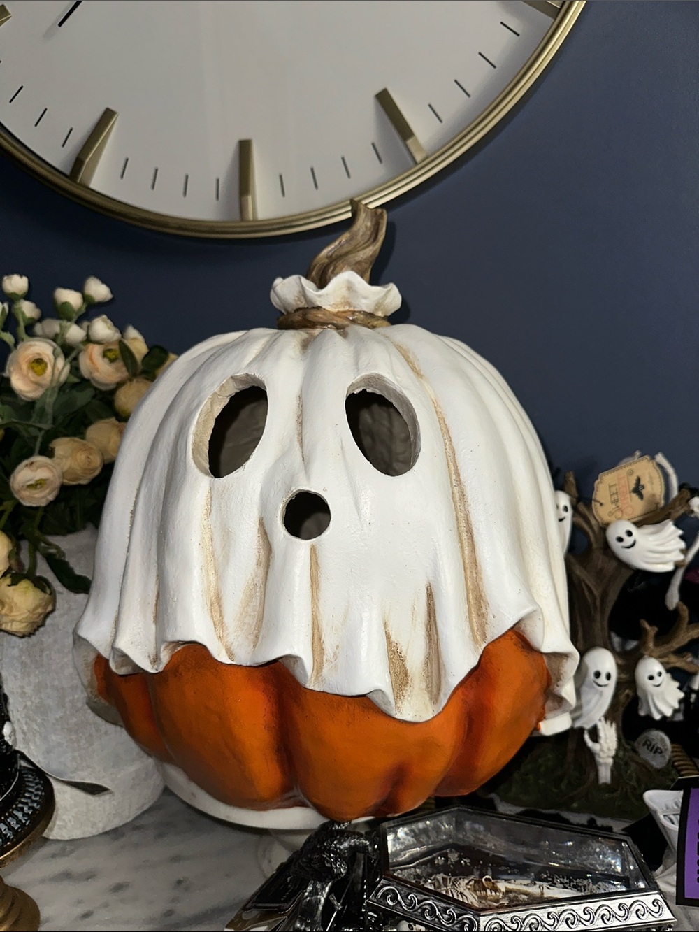 Halloween Ghost Pumpkin Lantern - White Ghost Top with Orange Base XL
